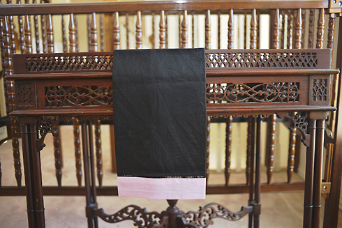 Multicolor Hemstitch Guest Towel. Black with Pink Mist border